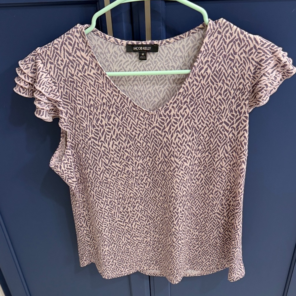 Lavender Print Ruffle Sleeve V-Neck Top